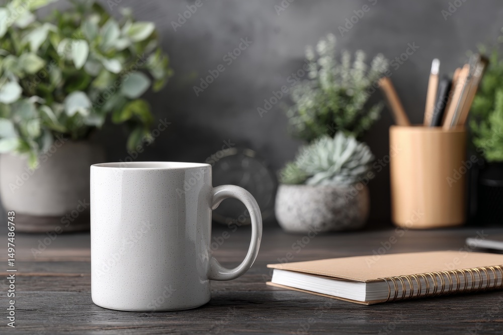 Aufkleber cozy workspace featuring a blank mug, notebook, and greenery in a modern setting during daytime