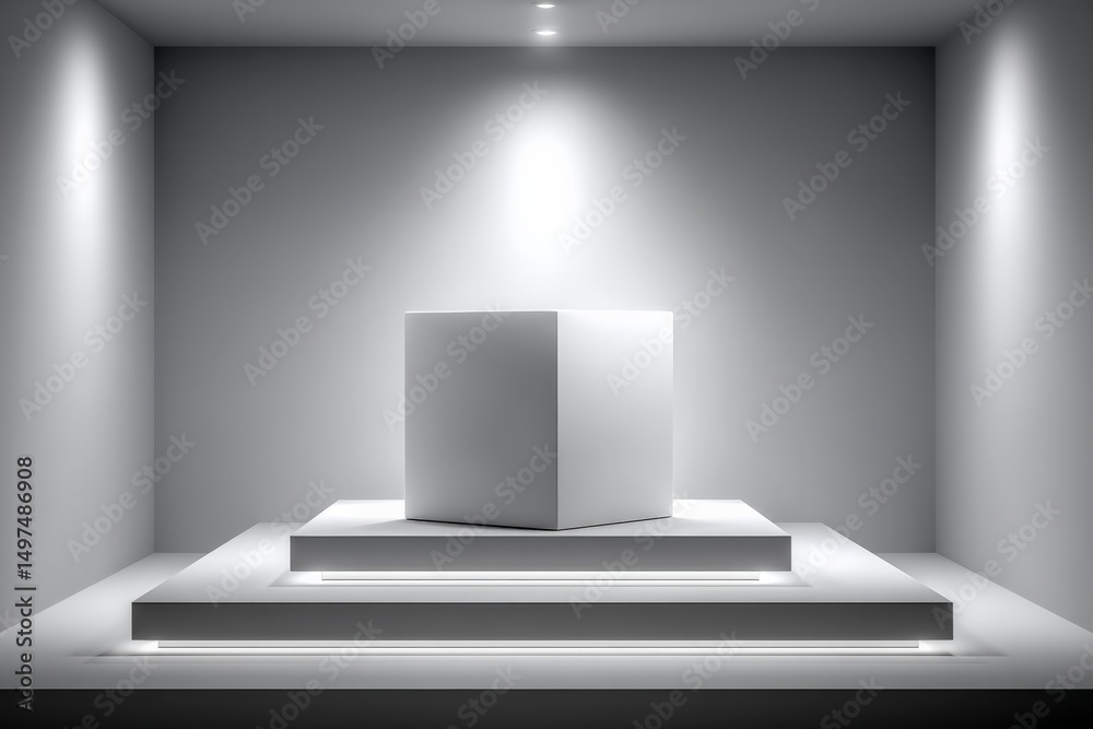 Aufkleber Minimalist display of a white cube on a pedestal in an illuminated gallery setting