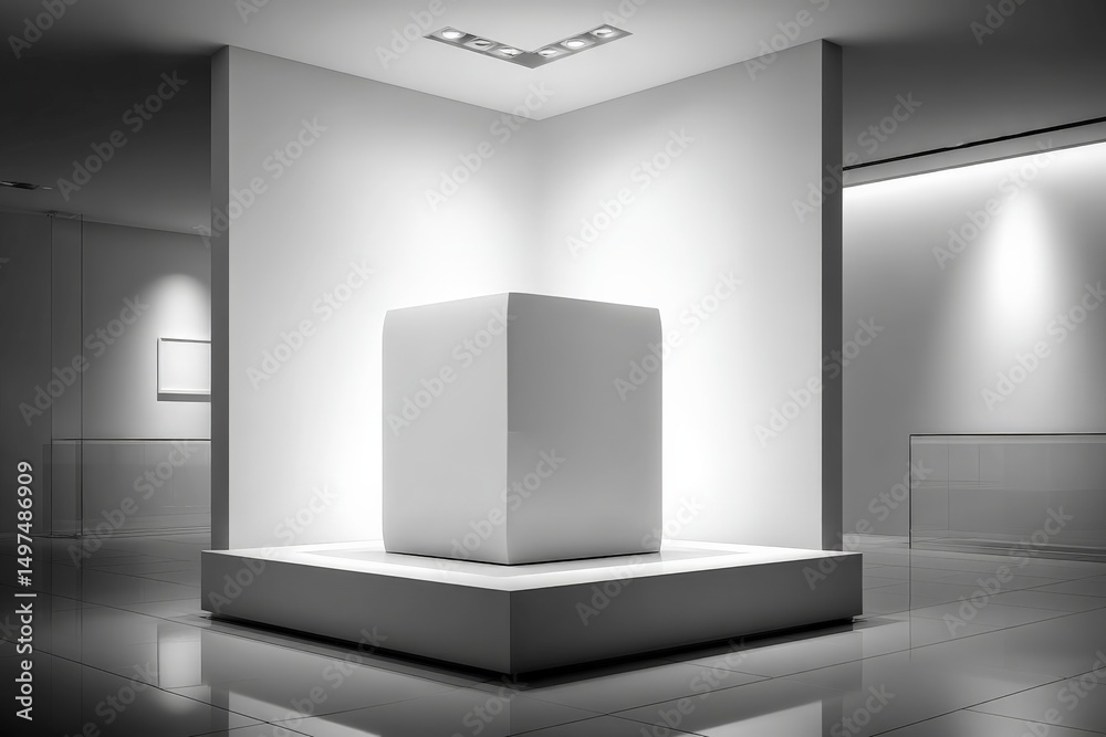 Aufkleber minimalist exhibition space with illuminated white cube on display in modern art gallery