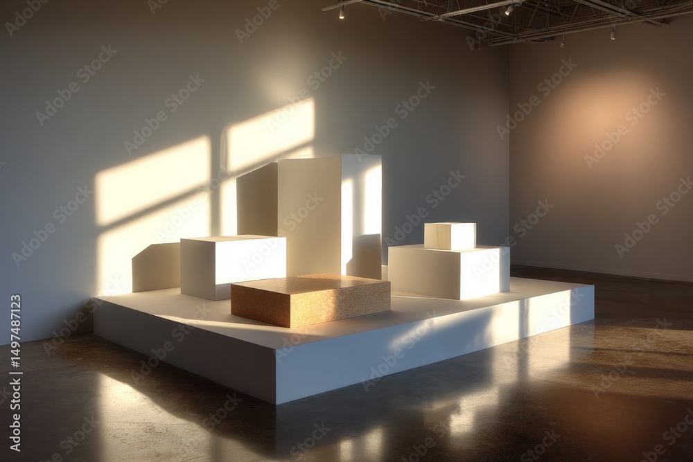 Aufkleber warm afternoon light creates intriguing shadows on minimalist sculptures in an art gallery