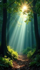 Single shaft of sunlight pierces canopy, creating bright spot, peaceful, organic
