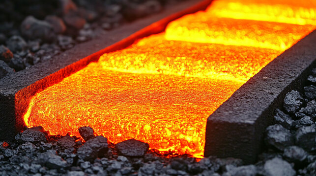 Glowing Hot Metal Ingots on Conveyor Belt in Industrial Foundry