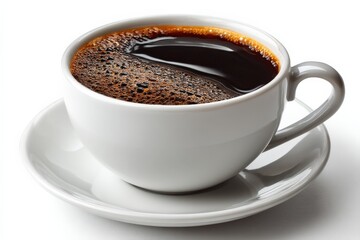 Fototapeta premium Freshly brewed coffee in a white cup on a saucer with rich foam, bright light creates an appealing warmth in a cozy café