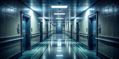 Fototapeta premium Empty Hospital Corridor,Wide Shot, Interior, Hospital, Corridor, Architecture, Empty