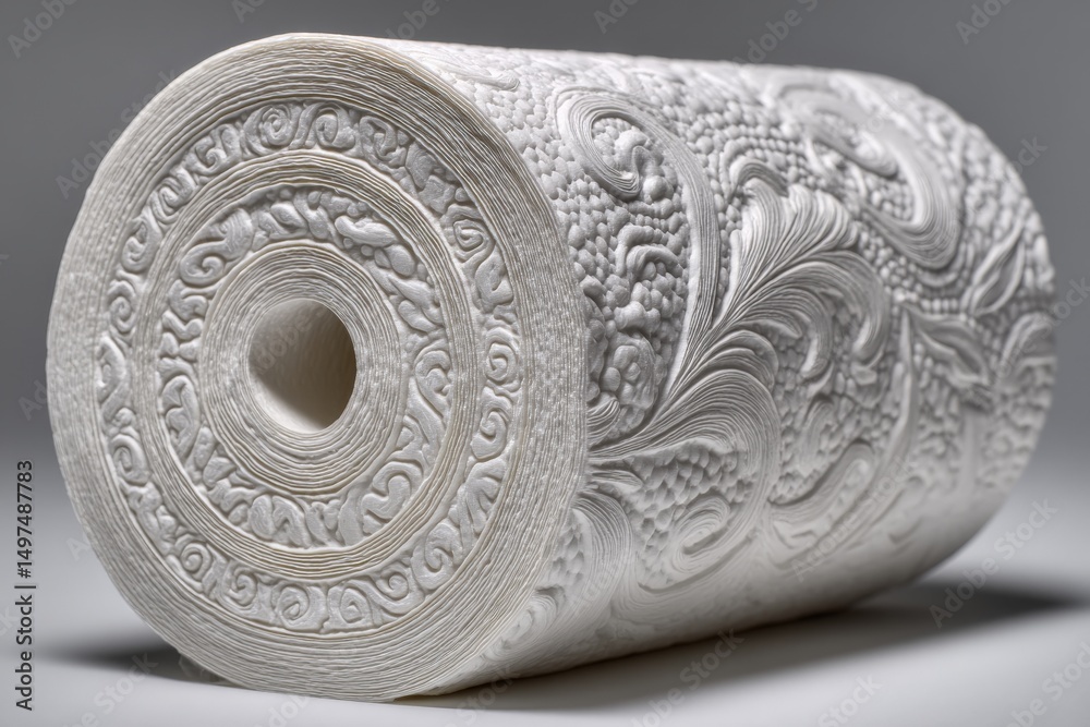 Poster Decorative white paper towel roll with intricate patterns displayed on a neutral background