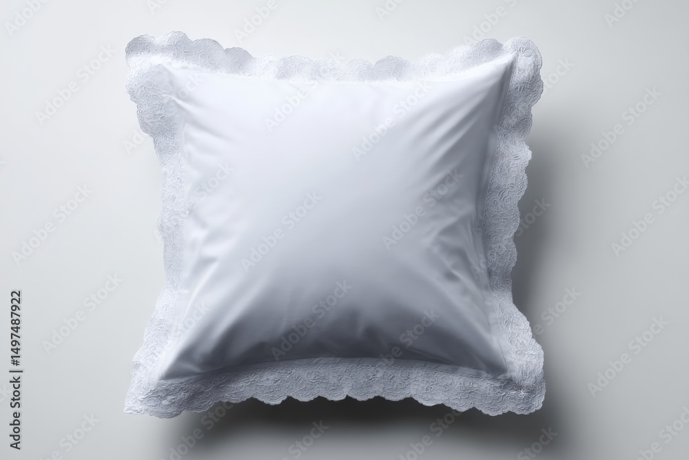 Poster soft white pillow with delicate lace trim resting on a smooth surface in a well-lit room