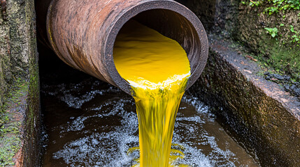 Toxic Yellow Waste Discharge into Waterway Environmental Pollution