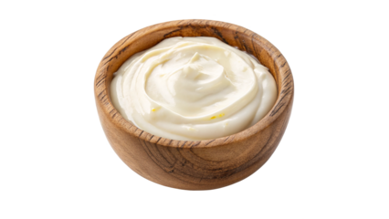 delicious yogurt in wooden bowl isolated on transparent background