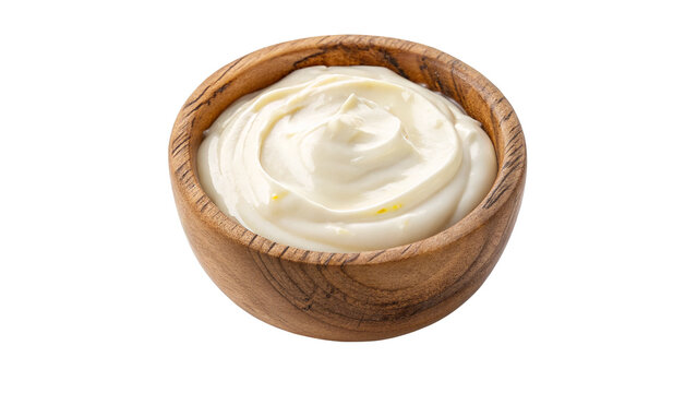 delicious yogurt in wooden bowl isolated on transparent background
