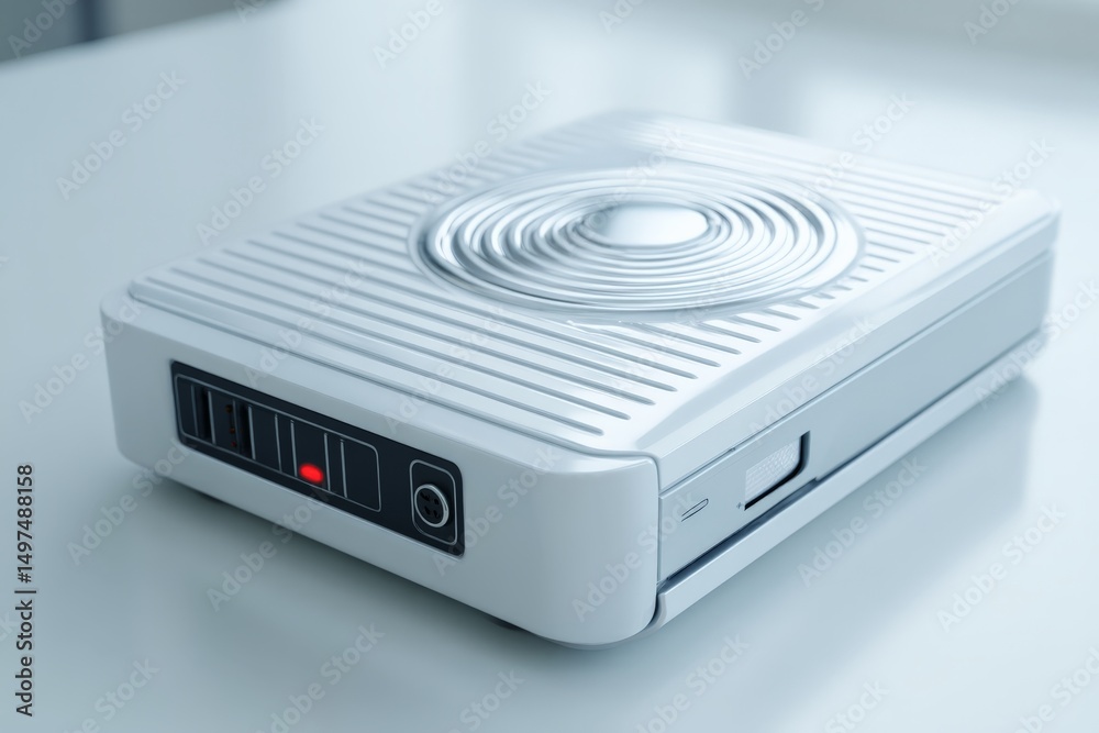 Poster innovative design of a sleek white external hard drive placed on a modern desk with minimalistic dec