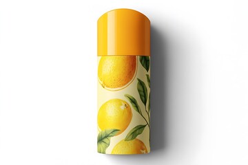 Close up of a yellow spray can with lemons and leaves on it against a white background studio shot