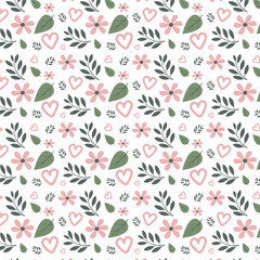 Delicate pastel floral and heart pattern – gender baby background. Pink flowers gender party