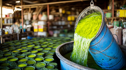 Fototapeta premium Vibrant Green Liquid Being Poured into Containers in a Factory Setting