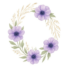 Fototapeta premium Floral Embrace: An elegant, symmetrical floral arrangement featuring delicate anemone blossoms with soft violet petals, gracefully encircling an empty space, evoking feelings of purity and serenity.