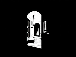 portal shadow silhouette, black and white, simple illustration, isolated