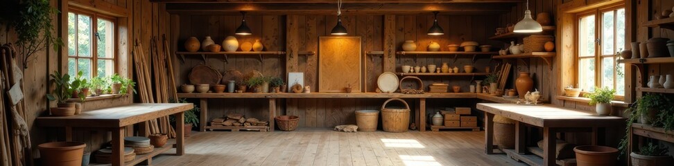 Rustic workshop, handcrafted wooden furniture , wood texture, details, handmade