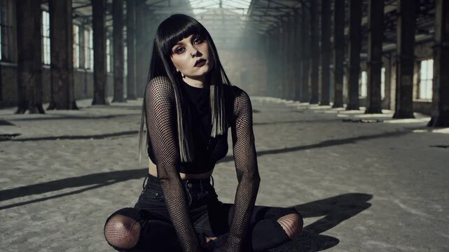 Gothic girl with straight black hair and bangs wearing a black fishnet top, sitting in an abandoned industrial space. Moody and dark fashion aesthetic.