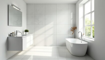 Fototapeta premium Sleek minimalist bathroom, white tile, chrome fixtures, towel, marble
