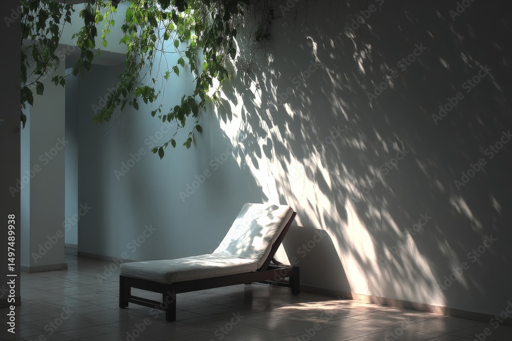Poster Sunlight filters through leaves to create patterns on a lounge chair in a serene indoor space during the afternoon