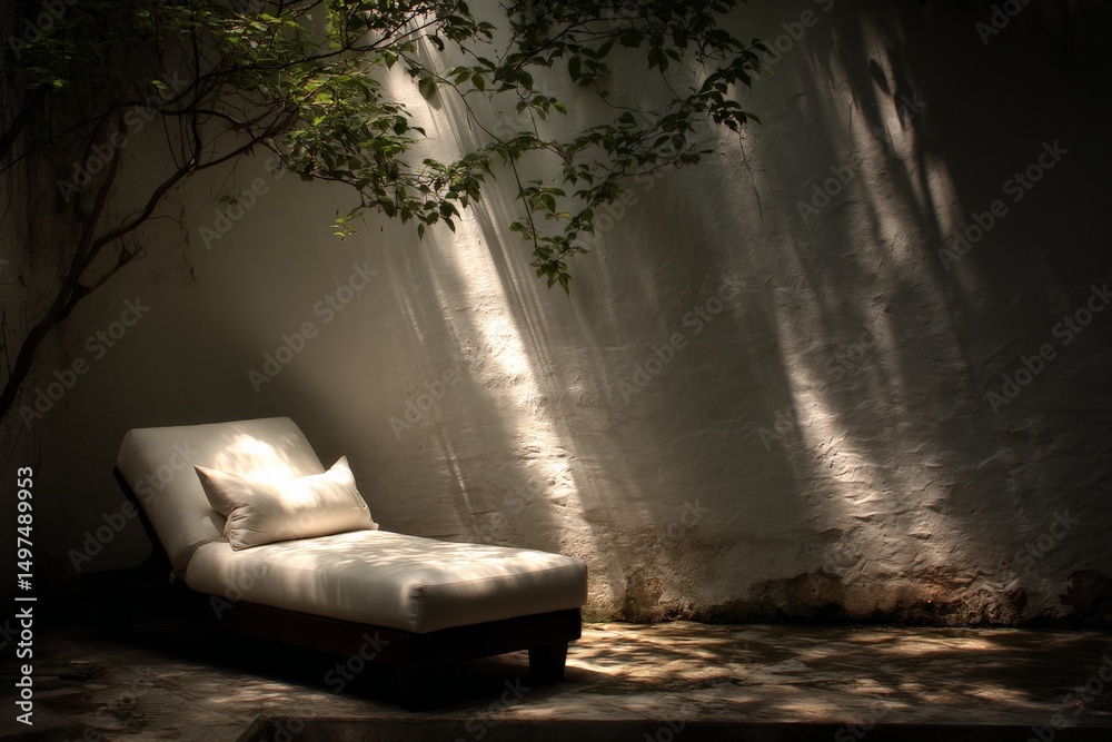 Poster Relaxing chaise lounge in a serene outdoor setting with soft sunlight filtering through trees