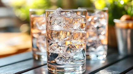 Refreshing ice water on a rustic wooden table on a sunny day outdoors