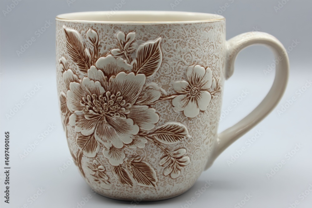 Poster ceramic mug adorned with floral patterns showcasing intricate design and craftsmanship