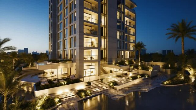 Modern luxury apartment building illuminated at night, ideal for real estate, urban living, city development, architecture, and high-end residential concepts. Elegant design.