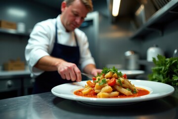 Chef skillfully prepares gourmet dish in professional kitchen, restaurant scene, meal, oven