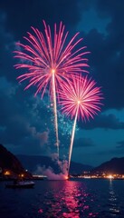Festive Christmas fireworks burst against a deep blue night sky , season, texture