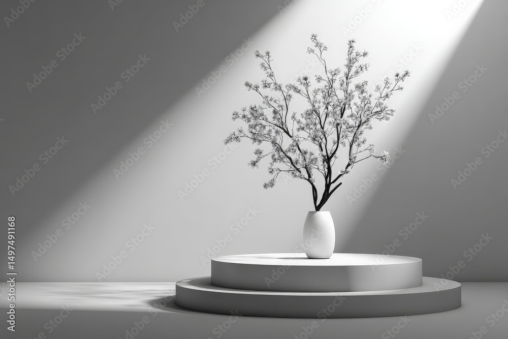 Poster elegant arrangement of blossoms in a minimalist setting with soft lighting and circular pedestal