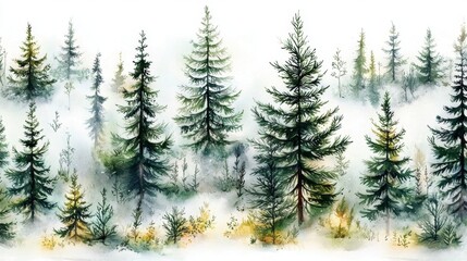 Obraz premium Hand-drawn watercolor pattern featuring pine trees and spruces.