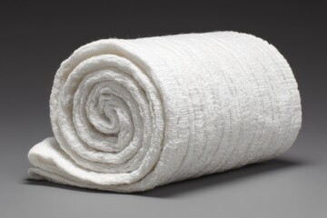 Soft white towel rolled neatly on a dark background in an indoor setting, perfect for a spa or home use