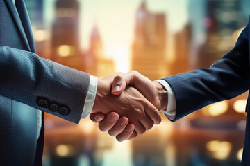 Meeting success. Two business persons shaking hands standing outside