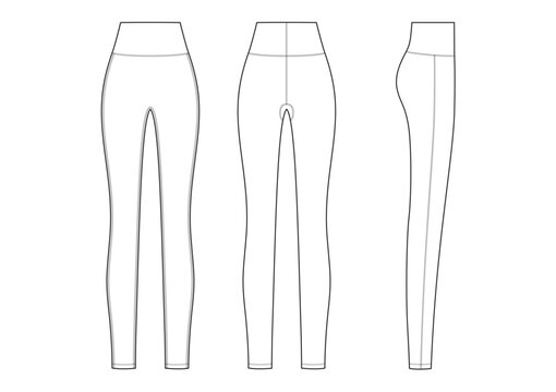 Vector fashion technical drawing of a leggings with front, back and side view. Lock stitch details. Polyester fabric.