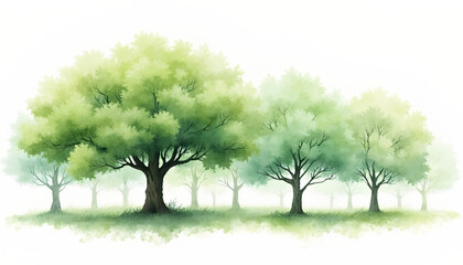 Fototapeta premium Vector watercolor green tree or forest side view isolated on white background for landscape and architecture drawing, elements.
