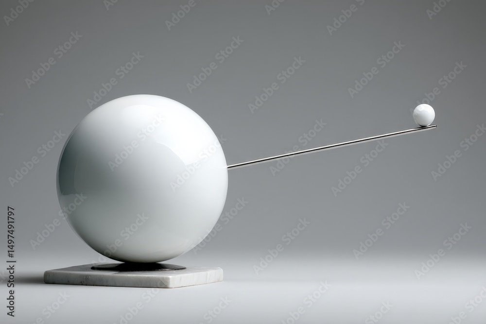 Poster modern sculpture featuring a white sphere and rod on a marble base in a minimalist setting