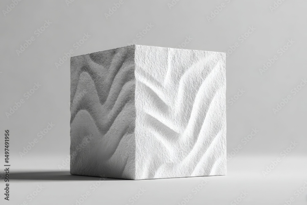 Poster Sculptural white cube with textured wavy patterns illuminated by soft light indoors