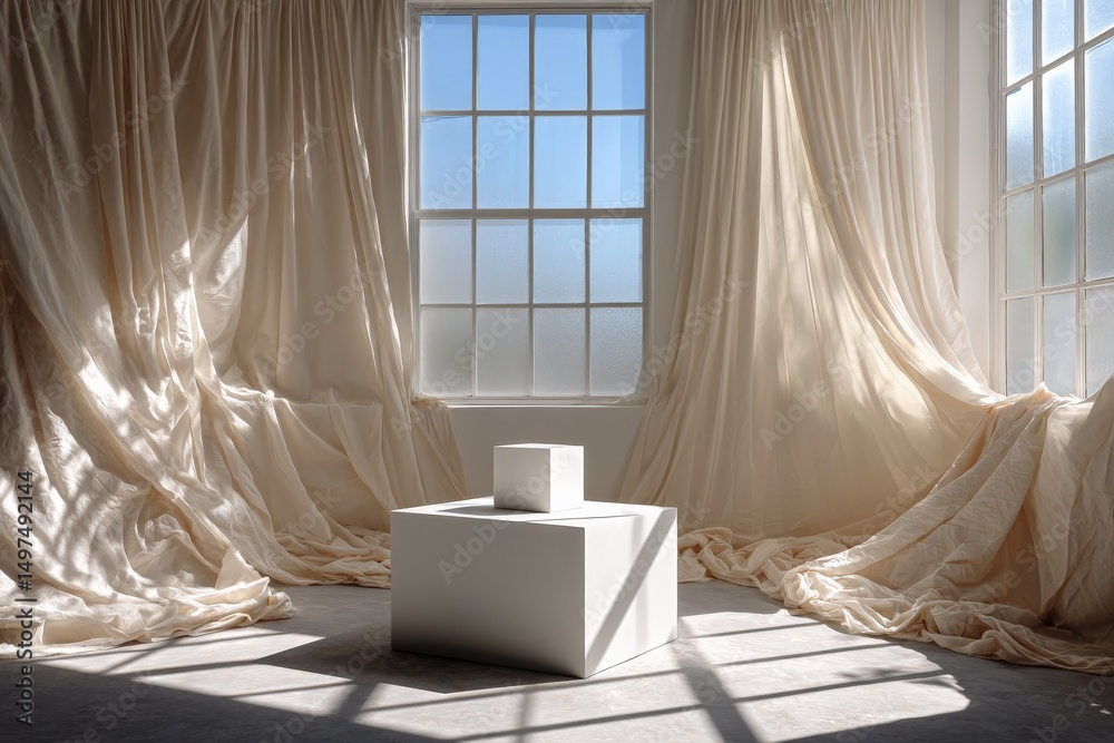Poster bright sunlight illuminates a minimalist room with flowing curtains and a central sculpture in a ser