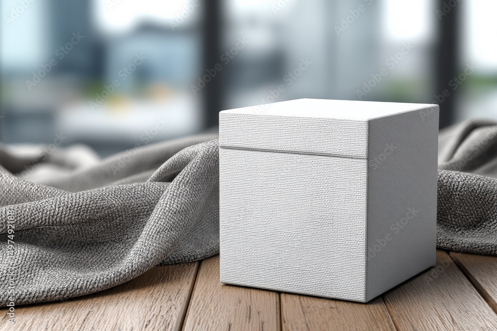 Aufkleber simple white box placed on wooden table with soft fabric in a modern indoor setting during daylight