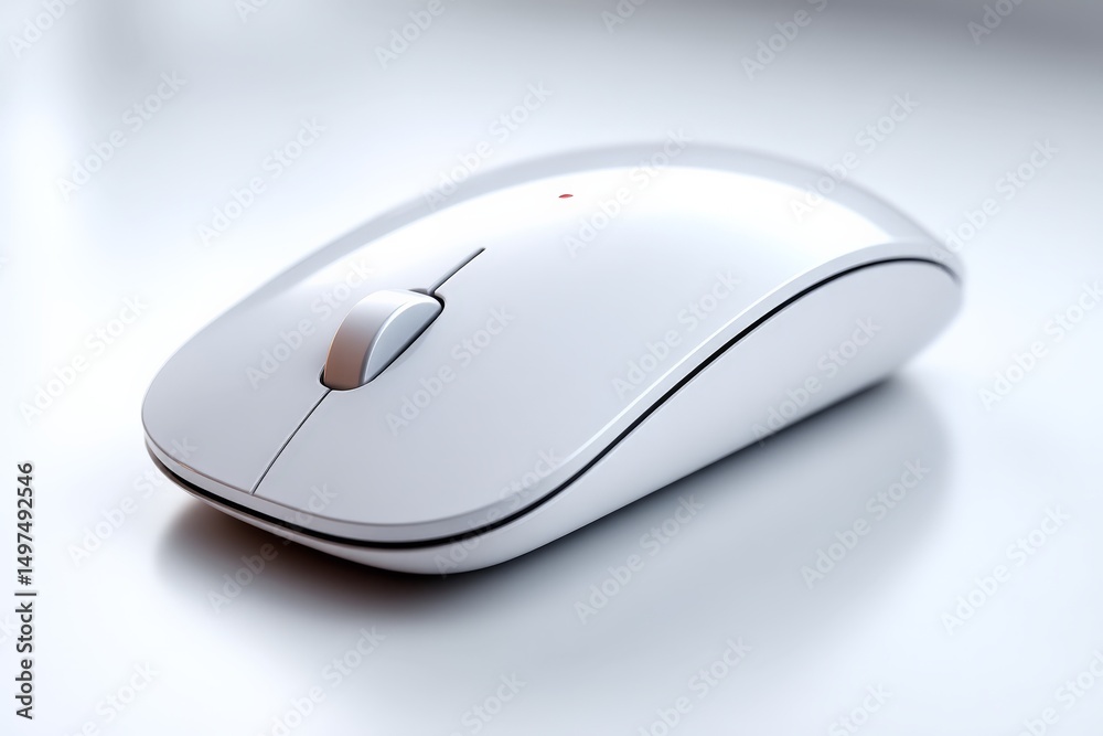 Poster White wireless computer mouse resting on a smooth surface in a well-lit workspace showcasing modern technology and design