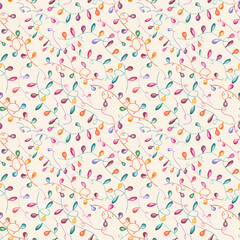 Watercolor decorative colorful lamp garland seamless pattern on beige background. Holiday intertwining waving ribbon with lights. Illustration for festivals celebrations, birthday textile decor