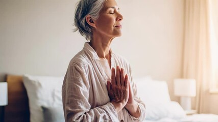 Serene meditation practice of elderly woman in peaceful bedroom setting with sunlight - Powered by Adobe