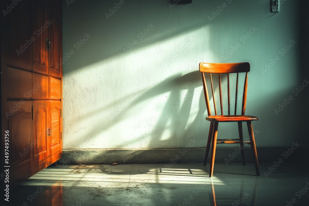 Aufkleber sunlight casts shadows on a wooden chair in a quiet room, creating a serene atmosphere during the af