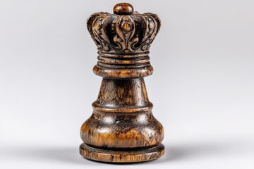 Unique wooden chess queen piece displayed on a gray background showcasing intricate craftsmanship and design details