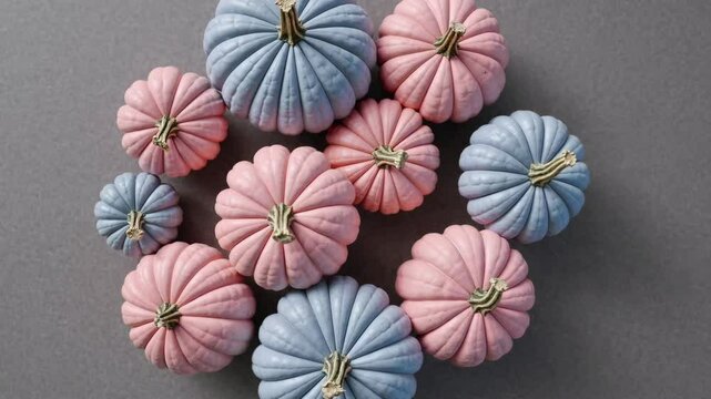 Vibrant arrangement of pastel pumpkins creating symmetrical patterns on gray surface