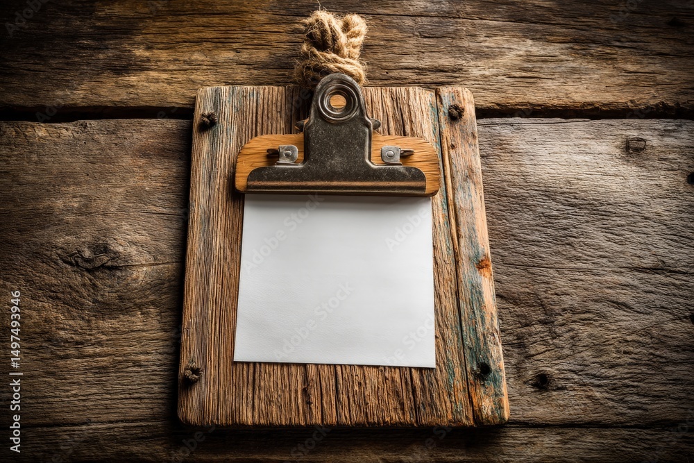 Poster rustic wooden clipboard displays blank paper on textured wooden background in a cozy workspace setti