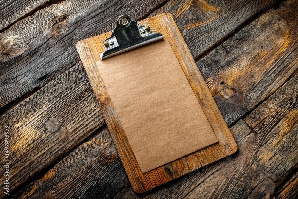 Poster blank clipboard resting on rustic wooden table inviting creative ideas and notes