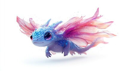 3D rendered, adorable, light-blue dragon with pink, feathery wings,  flying against white background