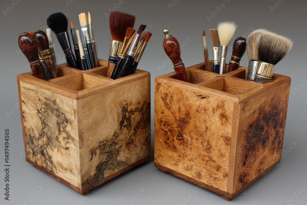 Poster unique wooden holders containing a variety of brushes and tools for artistic creation in a well-lit 