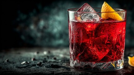 a classic negroni in a lowball glass with a large clear ice cube, orange twist garnish, moody lighting with a soft gray background.